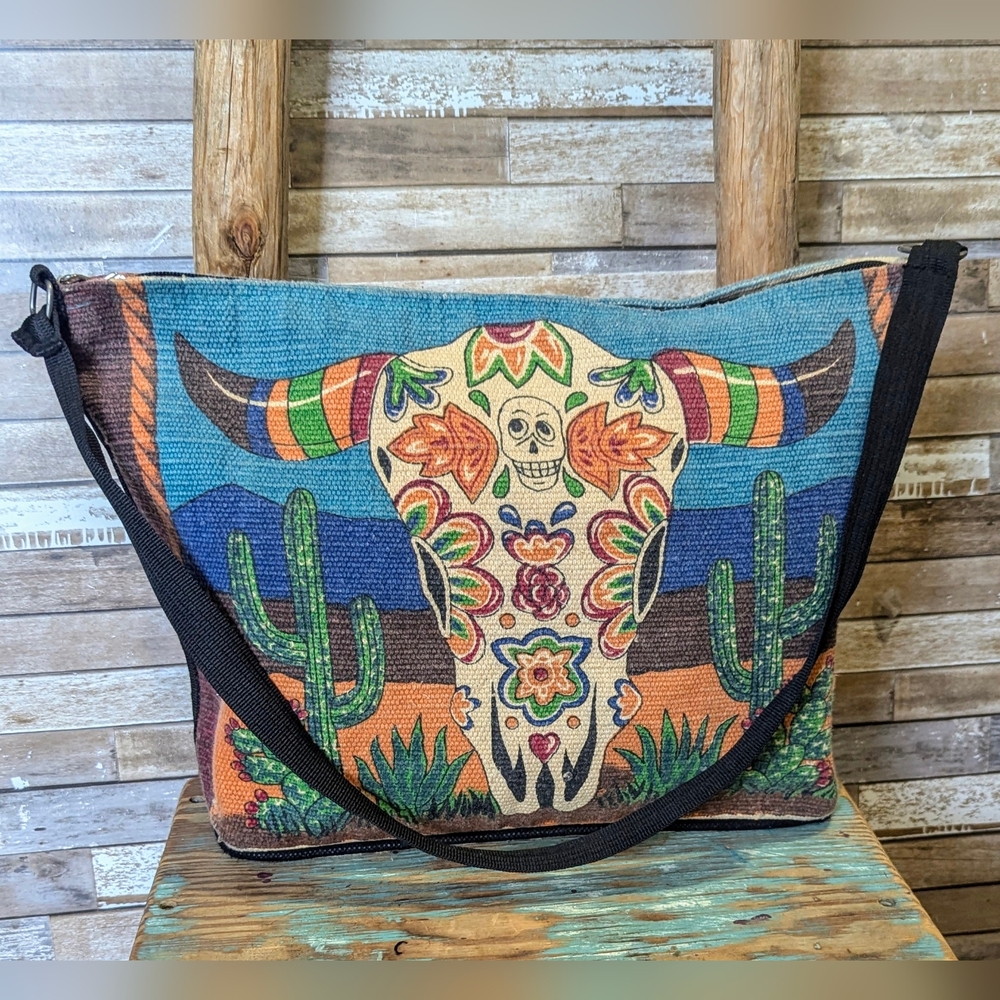 Boho Southwest Blue W/Bull Skull Durable Cotton Shoulder Bag